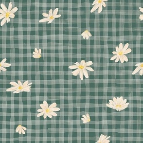 Chamomile Blooms on Green Pine Gingham Textured Stripes