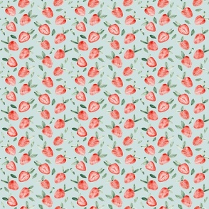 (S) Watercolor painting of tropical strawberries on light greenish blue background