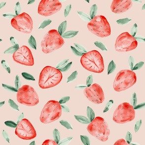 (L) Watercolor painting of tropical strawberries on light peach pink background