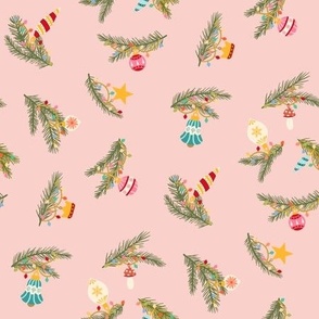 Whimsical Christmas Ornaments on Pink - Hand-Drawn Holiday Spruce Decorations - Festive Seasonal Pattern for Joyful Celebrations