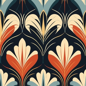 1960s 1950s  Red Blue Leaves, Cream Asian Floral Art Deco Wallpaper