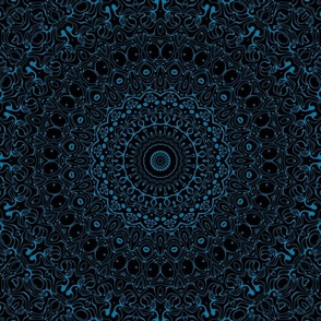 Cerulean Blue and Black Mandala Kaleidoscope Medallion Flower