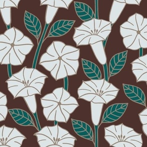 White Morning Glory Moonflowers with Teal and Brown for Home Decor and Wallpaper