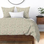 Indie flora swirl in green, brown,apricot blush and coral pink, large scale