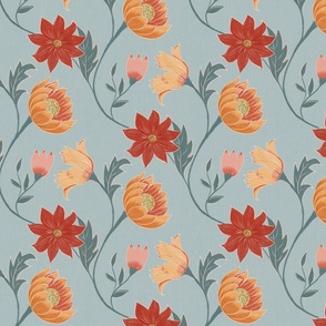 Whimsical flowers and branches in red, coral and pink on a pastel blue background