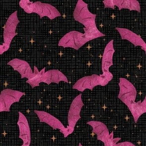 Whimsical Hand Drawn Pink Bats and Stars on Black