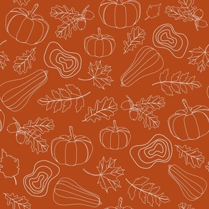 Acorn,  pumpkin and autumn leaves on an orange background L