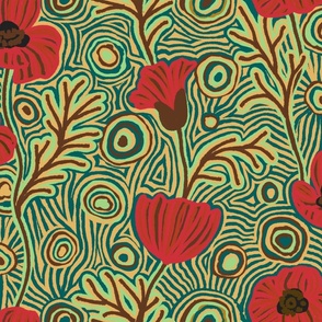 large-Red poppies and peacock feather style tangles on earth yellow and blue green - ikat weaving woolen style