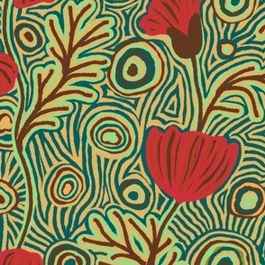 medium-Red poppies and peacock feather style tangles on earth yellow and blue green - ikat weaving woolen style