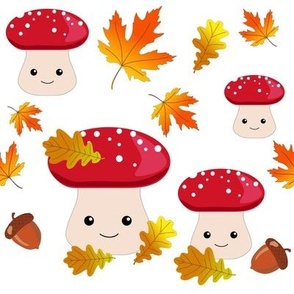 Autumn leaves, fly agarics and acorns. Cartoon children's design