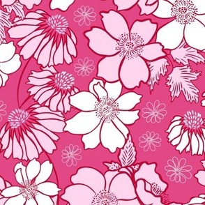 Anemone's and echinacea floral, retro style, rose pink, bright pink and white, large  scale