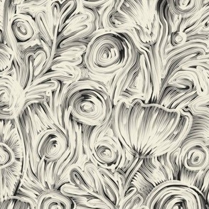 medium - Abstract poppy field - monochrome paint strokes - light ivory beige on mountain black