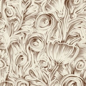 medium - Abstract poppy field - monochrome paint strokes - light ivory beige on kobicha brown