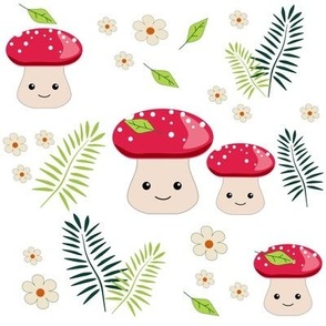 Mushrooms, flowers and fern leaves. Cartoon children's pattern.