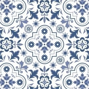 Portuguese Floral Tiles - Aegean Blue + White