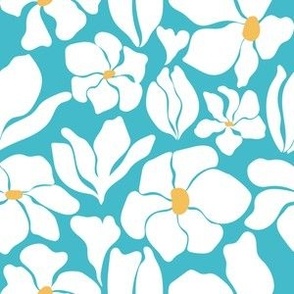 Flower Market - Matisse Inspired Floral - White + Pantone Vibrant Capri - Bright Blue