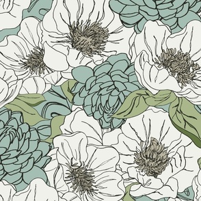 Optimism Peonies, classic floral in blue, cream and green