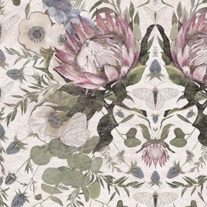 Protea Floriography - A Romantic Interpretation Muted Rose Pink Subtle Greens Lavender Butterflies Flowers Medium