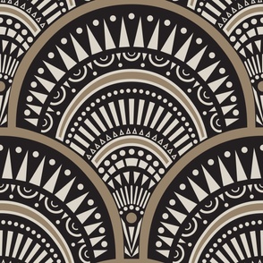 Large // Art deco abstract scallop in ecru beige and black