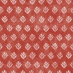 Bali Block Print Leaf, Warm White on Red Sand | Hand block printed leaves pattern on vintage terracotta linen texture, burnt sienna batik, rustic block print fabric, natural decor, plant fabric in copper red, red ochre.