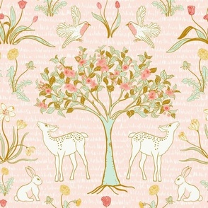 [Medium] Woodland Floral and Fauna, Spring time Woodland Wonderland Delight with deers, bunnies, robin birds, tulips, dandelions, snow early crocus and Bloom blossom galore, pastel color of pink, mint, gold, red, orange, yellow