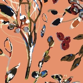 Tossed Leaves And Berries Multi Colored Natural Palette On Salmon Ground Large Scale
