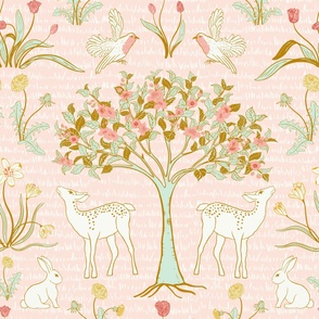 [Wallpaper]Woodland flora and fauna, Spring time Wonderland Delight with deers, bunnies, robin birds, tulips, dandelions, snow early crocus and Bloom blossom galore in pastel pink, mint, gold, cream, red, orange