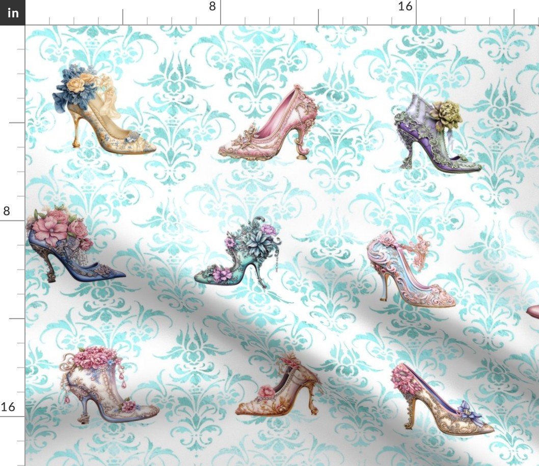 Palace Of Versailles Shoe Collection Aqua Damask  by  Bada Blings Designs Ltd