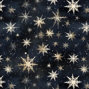 Gold Watercolor Stars and Snowflakes on Black Sky