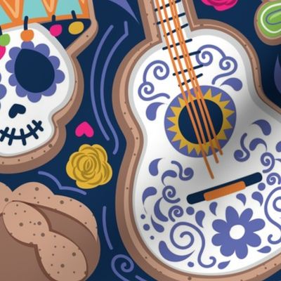 Large jumbo scale // Día de los muertos sweetness // midnight navy blue background multicoloured day of the dead sugar cookies galletas animal skulls and skeletons Mexican guitars empavesado paper pan de muerto