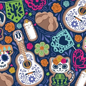 Large jumbo scale // Día de los muertos sweetness // midnight navy blue background multicoloured day of the dead sugar cookies galletas animal skulls and skeletons Mexican guitars empavesado paper pan de muerto