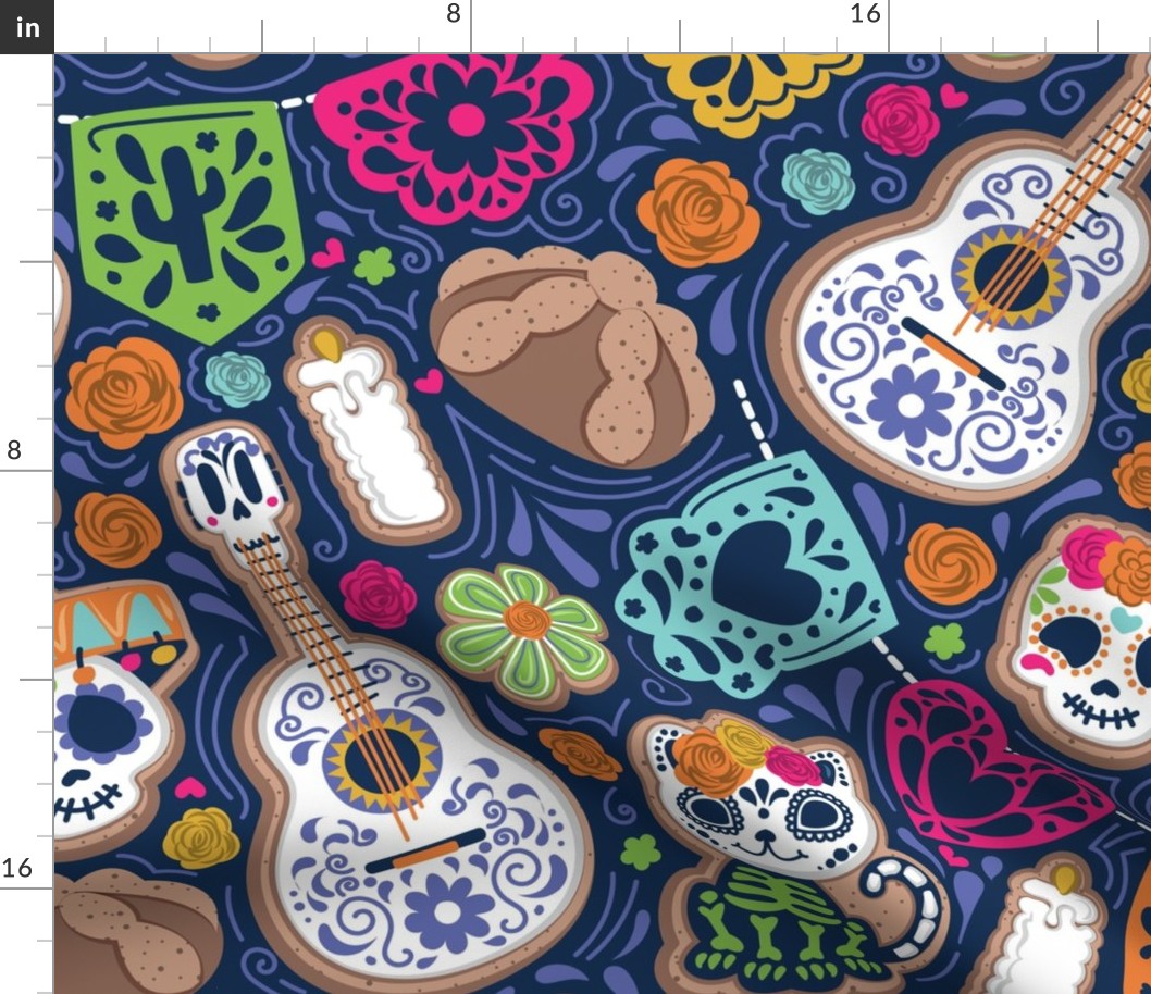 Large jumbo scale // Día de los muertos sweetness // midnight navy blue background multicoloured day of the dead sugar cookies galletas animal skulls and skeletons Mexican guitars empavesado paper pan de muerto