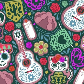 Large jumbo scale // Día de los muertos sweetness // forest green background multicoloured day of the dead sugar cookies galletas animal skulls and skeletons Mexican guitars empavesado paper pan de muerto