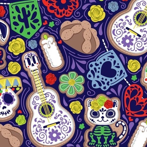 Large jumbo scale // Día de los muertos sweetness // purple background multicoloured day of the dead sugar cookies galletas animal skulls and skeletons Mexican guitars empavesado paper pan de muerto