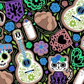 Large jumbo scale // Día de los muertos sweetness // black background multicoloured day of the dead sugar cookies galletas animal skulls and skeletons Mexican guitars empavesado paper pan de muerto