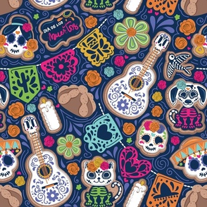 Normal scale // Día de los muertos sweetness // midnight navy blue background multicoloured day of the dead sugar cookies galletas animal skulls and skeletons Mexican guitars empavesado paper pan de muerto