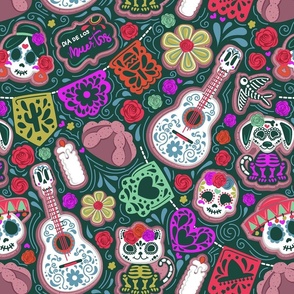 Normal scale // Día de los muertos sweetness // forest green background multicoloured day of the dead sugar cookies galletas animal skulls and skeletons Mexican guitars empavesado paper pan de muerto