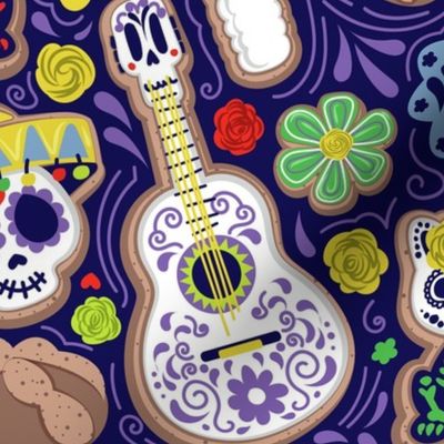 Normal scale // Día de los muertos sweetness // purple background multicoloured day of the dead sugar cookies galletas animal skulls and skeletons Mexican guitars empavesado paper pan de muerto