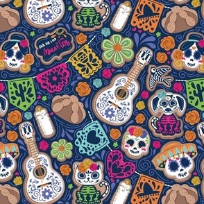 Small scale // Día de los muertos sweetness // midnight navy blue background multicoloured day of the dead sugar cookies galletas animal skulls and skeletons Mexican guitars empavesado paper pan de muerto