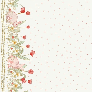[Border Print] Springtime Wonderland: Enchanted Meadow with Bunnies, Tulips, Anemone, Clovers, Wildflowers, and Daisies in cream, pastel pink, mint, gold