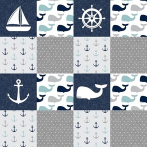 (3" small scale) Nautical Patchwork  - Sailboat, Anchor, Wheel, Whale - Navy, dusty blue,  and Grey  C23