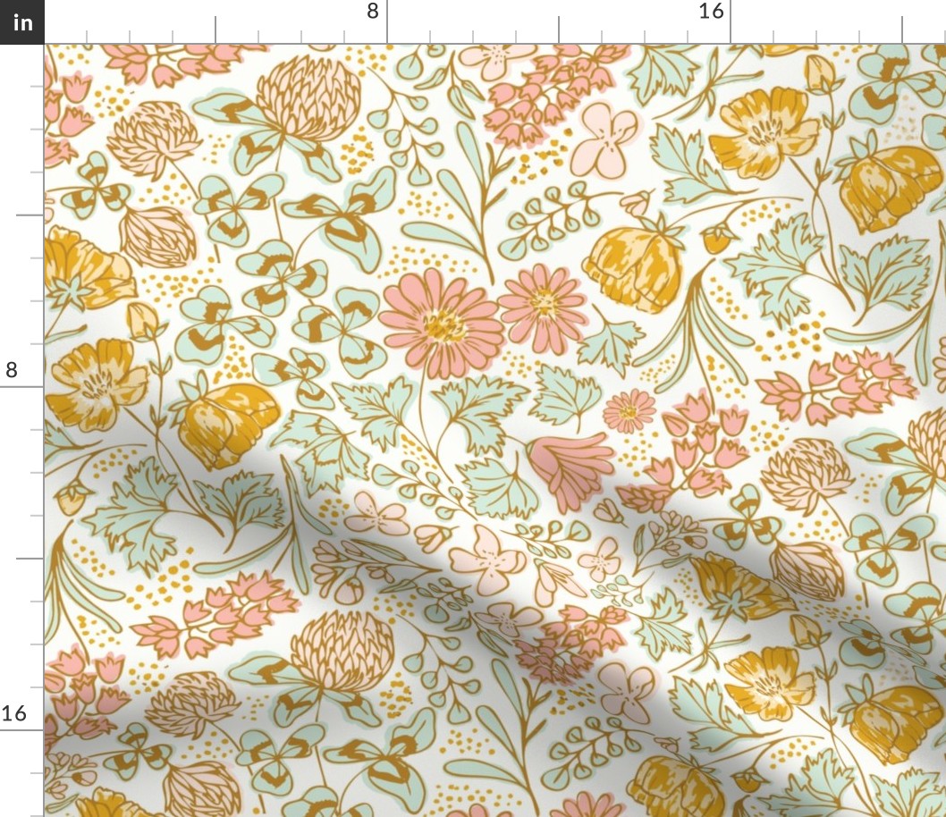 [Medium] Wildflower Meadow: Blossoms of Bluebells, Buttercups, and Clovers Design for Dresses, Table Runners, and Throw Pillows in cream, pink, mint, gold, Liberty London style, ditsy florals