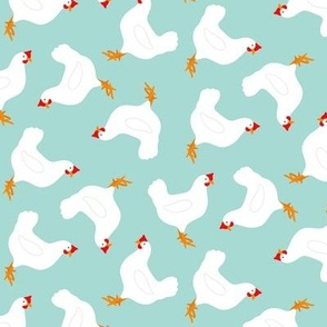 white chickens on mint green 20