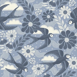 Floral Swallow Pattern Blue