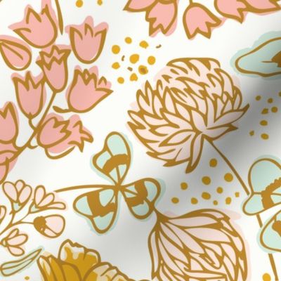 [Wallpaper] Wildflower Meadow: Blossoms of Bluebells, Buttercups, and Clovers" Design for Dresses, Table Runners, and Throw Pillows in cream, pink, mint, gold, Liberty London style, ditsy florals