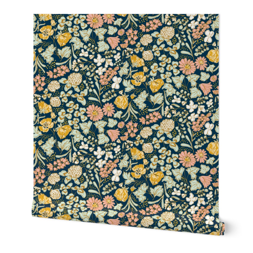 [Wallpaper] Wildflower Meadow: Blossoms of Bluebells, Buttercups, and Clovers Design for Dresses, Table Runners, and Throw Pillows in navy, cream, pink, mint, gold, Liberty London style, ditsy florals