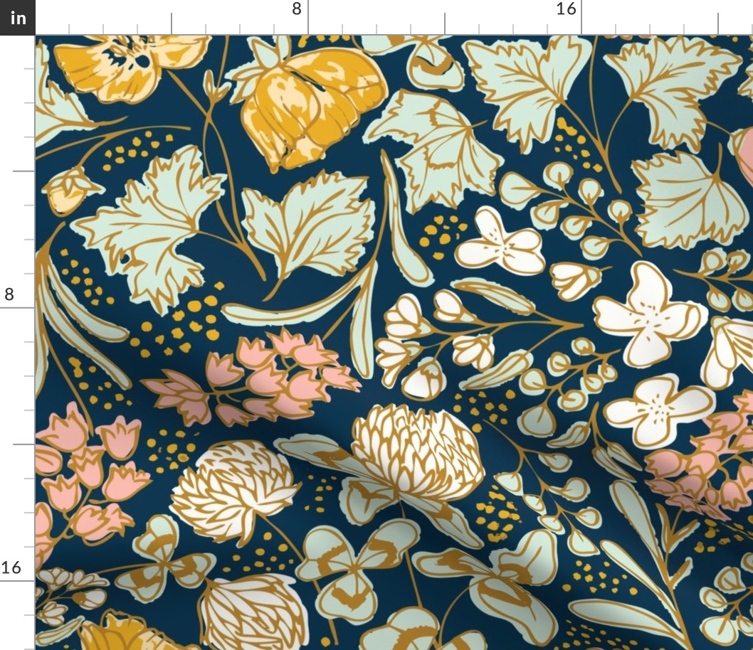 [Wallpaper] Wildflower Meadow: Blossoms of Bluebells, Buttercups, and Clovers Design for Dresses, Table Runners, and Throw Pillows in navy, cream, pink, mint, gold, Liberty London style, ditsy florals