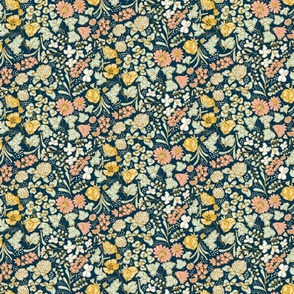 [MEDIUM] Wildflower Meadow: Blossoms of Bluebells, Buttercups, and Clovers" Design for Dresses, Table Runners, and Throw Pillows in navy, cream, pink, mint, gold, Liberty London style, ditsy florals