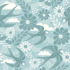 Floral Swallow Pattern teal