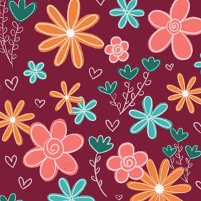 Sketch Flowers Maroon